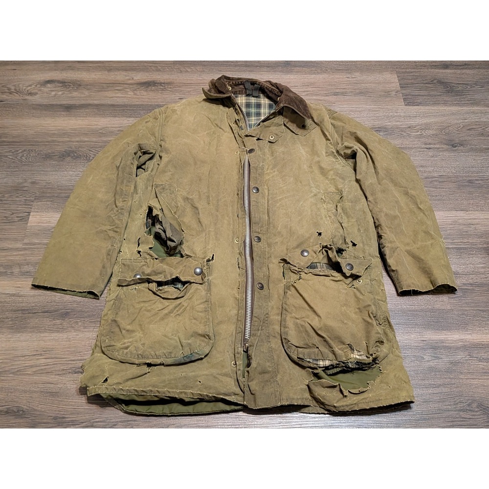 Barbour Border Waxed Cotton Jacket Olive Green Mens 42 Distressed England